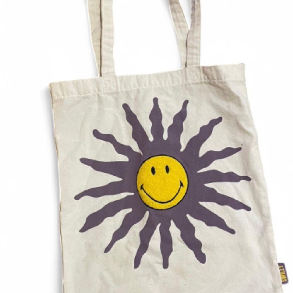 SMILEY Cream and purple sun tote bag